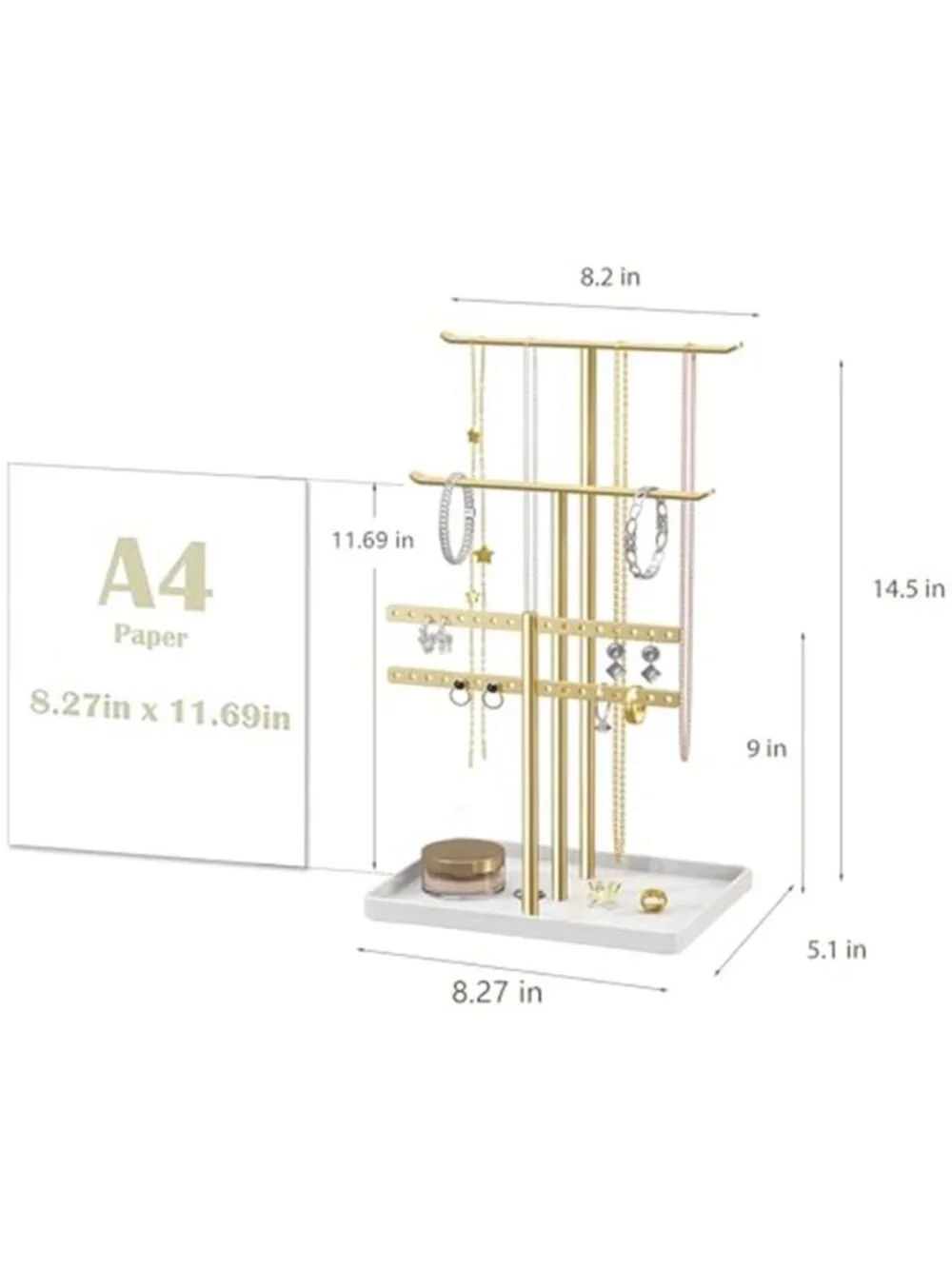 Jewelry Organizer Stand Necklace Bracelet Earring Holder Display Tray Gold 4 Bar